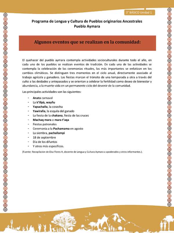 11-Orientaciones al docente - LC03 - Aymara - U01 -Algunos eventos que se realizan en la comunidad