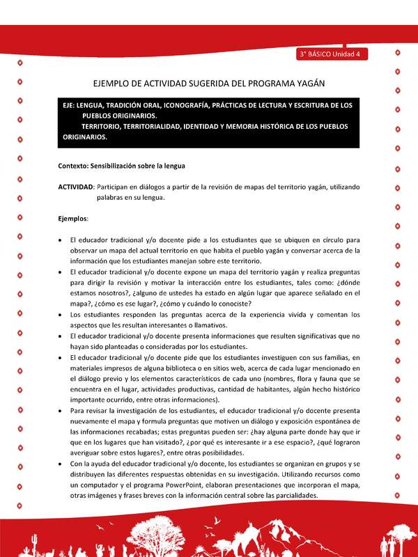  Participan en diálogos a partir de la revisión de mapas del territorio yagán, utilizando palabras en su len