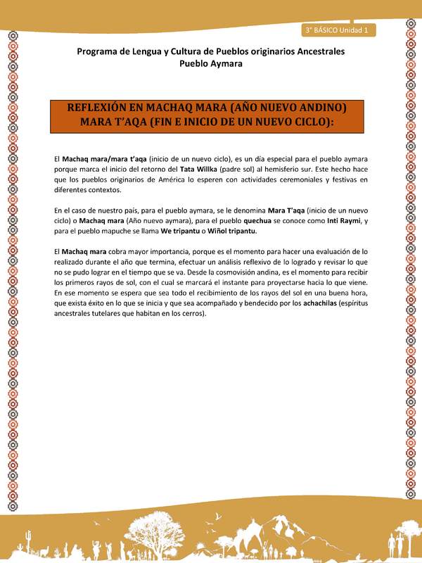 01-Orientaciones para el educador-LC03 U02-Reflexión en machaq mara (año nuevo andino) mara t’aqa (fin e inicio de un nuevo ciclo)