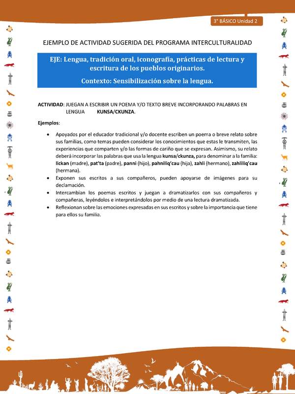Juegan a escribir un poema y/o texto breve incorporando palabras en lengua kunsa/ckunza