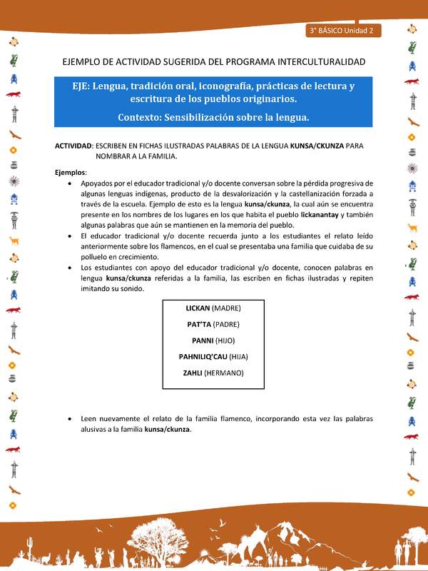 Escriben en fichas ilustradas palabras de la lengua kunsa/ckunza para nombrar a la familia