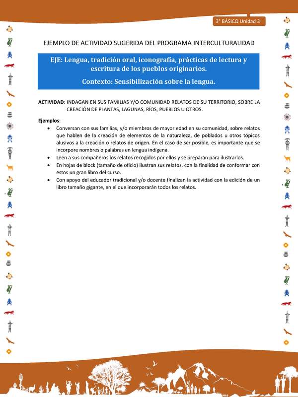 Indagan en sus familias y/o comunidad relatos de su territorio, sobre la creación de plantas, lagunas, ríos, pueblos u otros