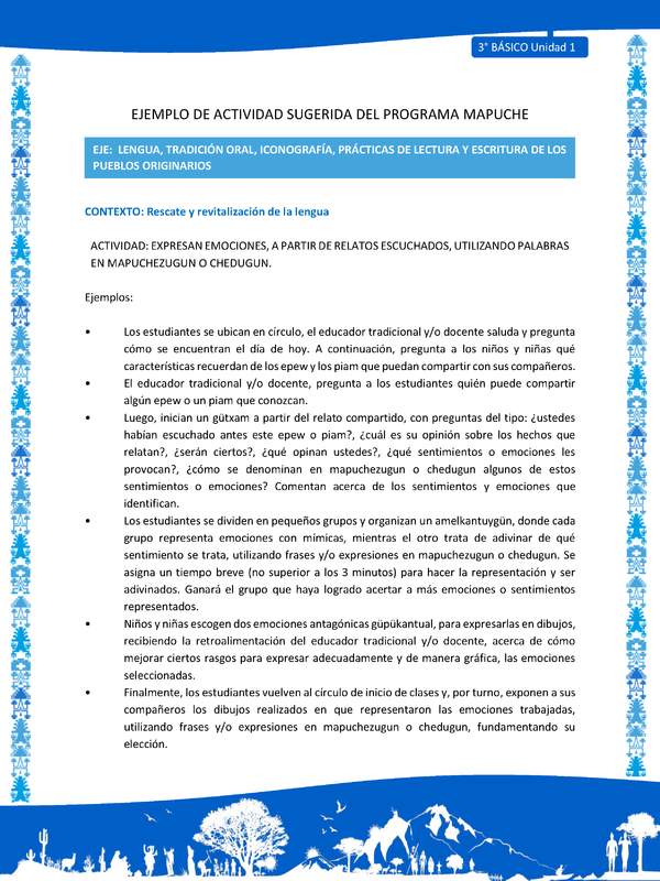 Expresan emociones, a partir de relatos escuchados, utilizando palabras en mapuchezugun o chedugun