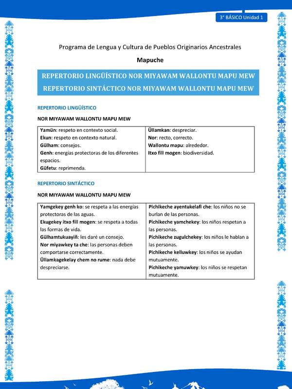 Repertorio lingüístico y sintáctico Nor miyawam wallontu mapu mew