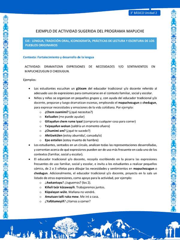 Dramatizan expresiones de necesidades y/o sentimientos en mapuchezugun o chedugun