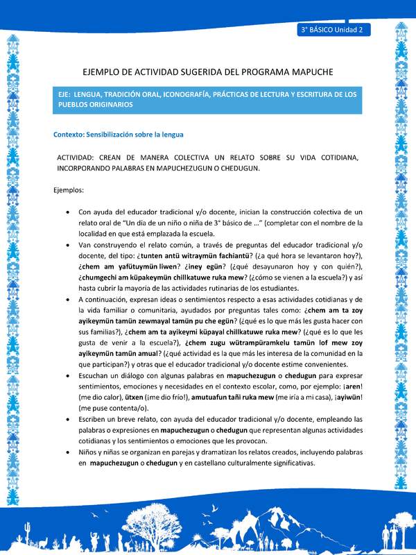 Crean de manera colectiva un relato sobre su vida cotidiana, incorporando palabras en mapuchezugun o chedugun