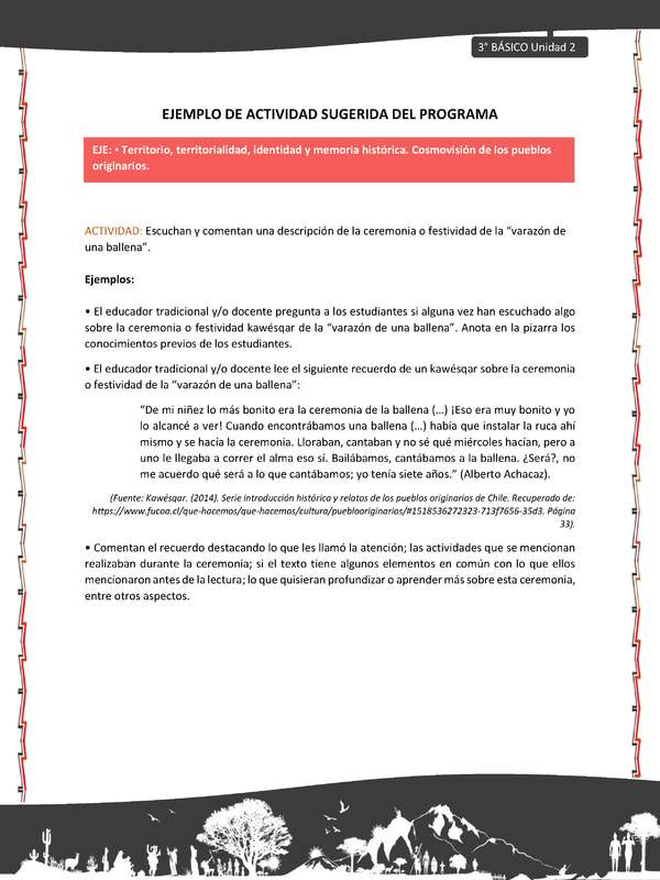 05-Actividad sugerida: LC03-KAW-U02-OA06-Escuchan y comentan una descripción de la ceremonia o festividad de la “varazón de una ballena”.