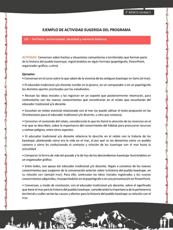 04-Actividad sugerida: LC03-KAW-U01-OA07- Conversan sobre hechos y situaciones comunitarias o territoriales que forman parte de la historia del pueblo kawésqar, registrándolos en algún formato (papelógrafo, PowerPoint, organizador gráfico, u otro).