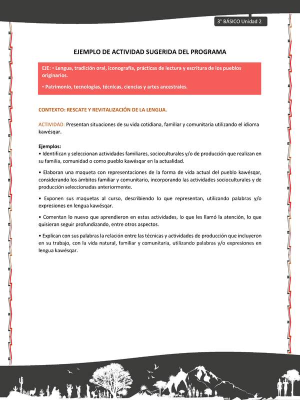 03-Actividad sugerida: LC03-KAW-U02-LR02;OA13-Presentan situaciones de su vida cotidiana, familiar y comunitaria utilizando el idioma kawésqar.