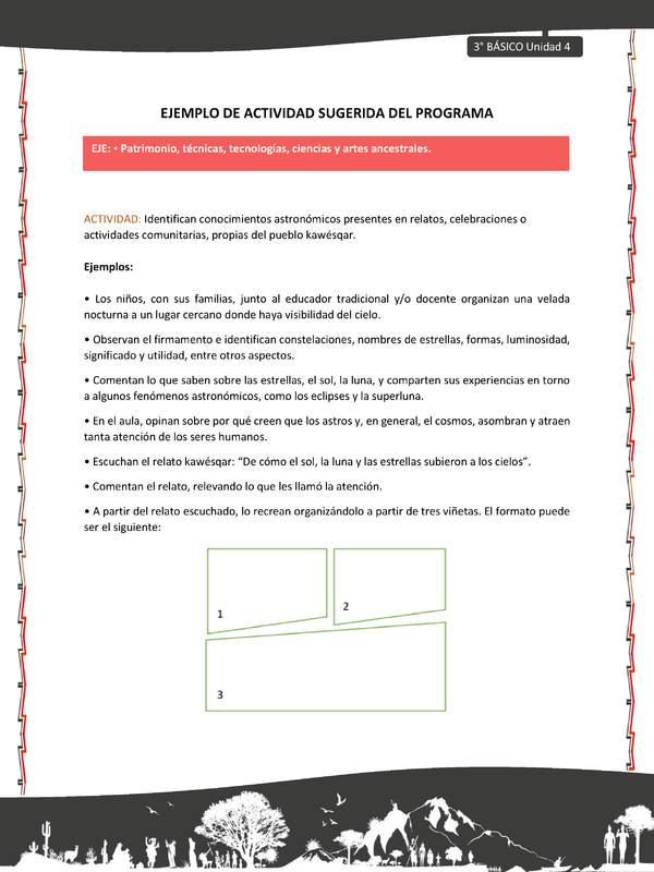 07-Actividad sugerida: LC03-KAW-U04-OA14-Identifican conocimientos astronómicos presentes en relatos, celebraciones o actividades comunitarias, propias del pueblo kawésqar.