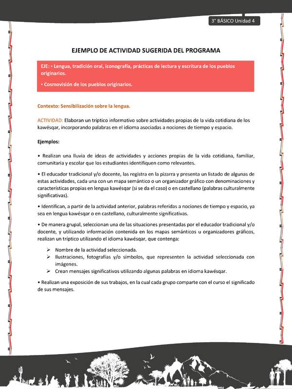 02-Actividad sugerida: LC03-KAW-U04-LS04;OA09-Elaboran un tríptico informativo sobre actividades propias de la vida cotidiana de los kawésqar, incorporando palabras en el idioma asociadas a nociones de tiempo y espacio.