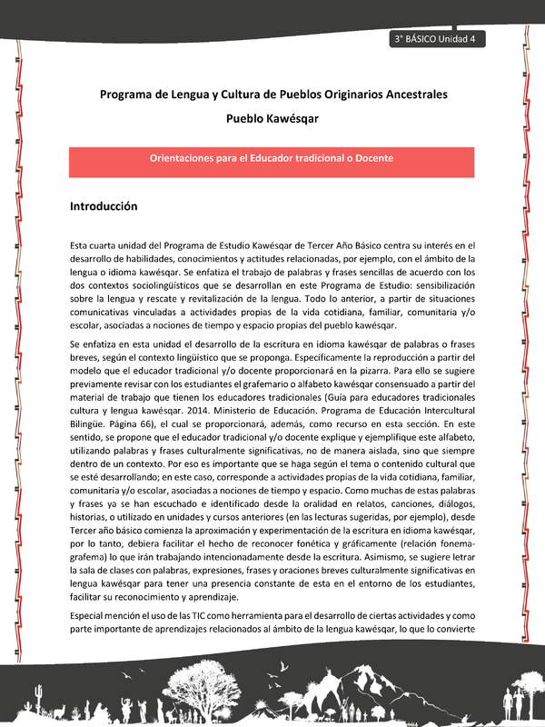 01-Orientaciones al docente - LC03 - Kawésqar - U4 - Orientaciones para el Educador tradicional y/o Docente