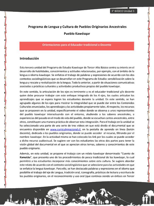 01-Orientaciones al docente - LC03 - Kawésqar - U3 - Orientaciones al educador tradicional y/o docentes: Introducción