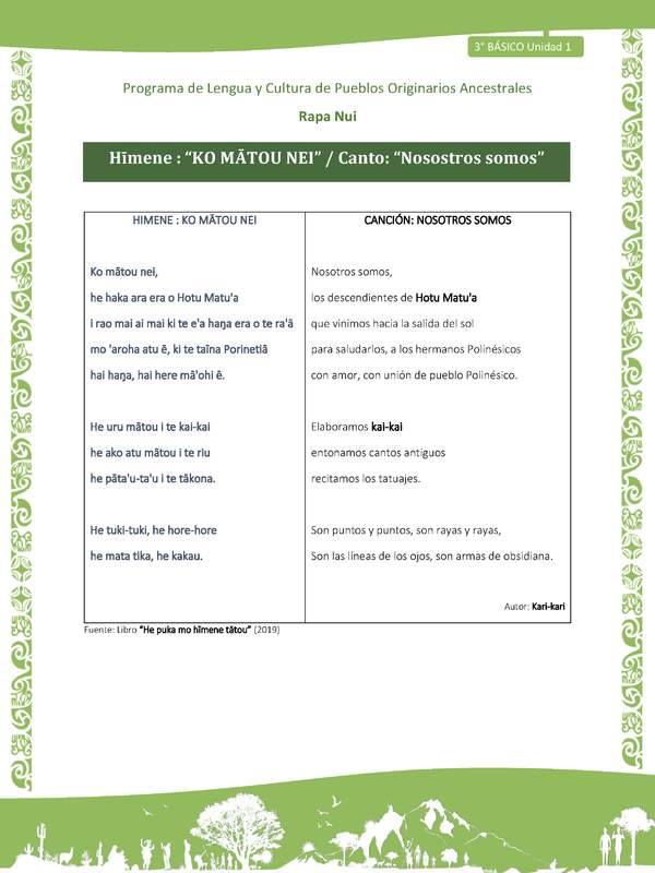 Hīmene : “KO MĀTOU NEI” / Canto: “Nosostros somos”