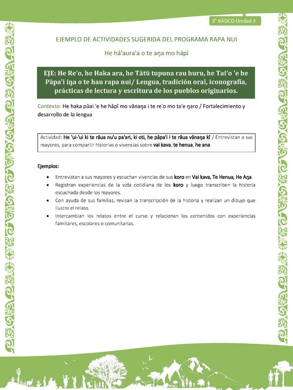  Entrevistan a sus mayores, para compartir historias o vivencias sobre vai kava, te henua, he ana