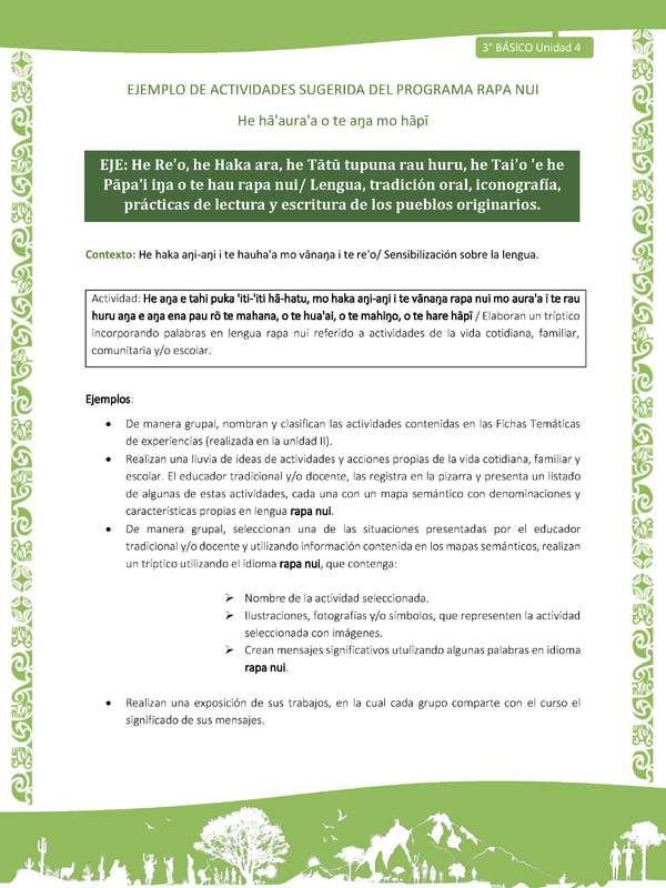 Elaboran un tríptico incorporando palabras en lengua rapa nui referido a actividades de la vida cotidiana, familiar, comunitaria y/o escolar