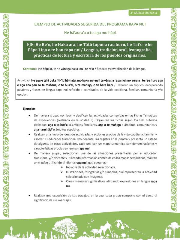  Elaboran un tríptico incorporando palabras y frases en lengua rapa nui referido a actividades de la vida cotidiana, familiar, comunitaria y/o escolar