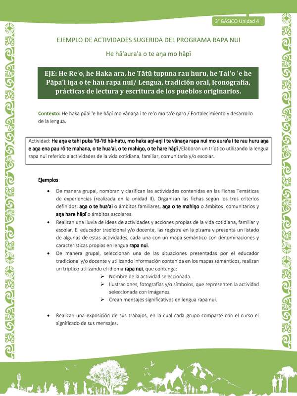 Elaboran un tríptico utilizando la lengua rapa nui referido a actividades de la vida cotidiana, familiar, comunitaria y/o escolar