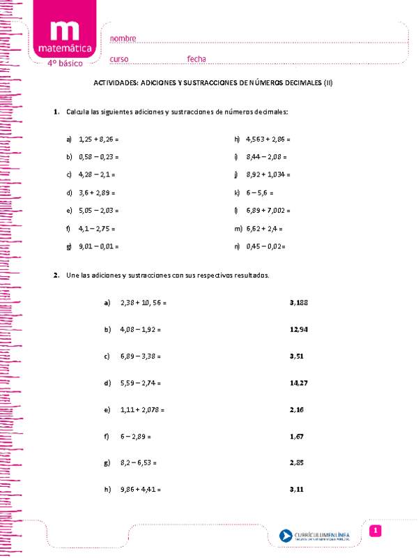 Adiciones y sustracciones de números decimales (II)