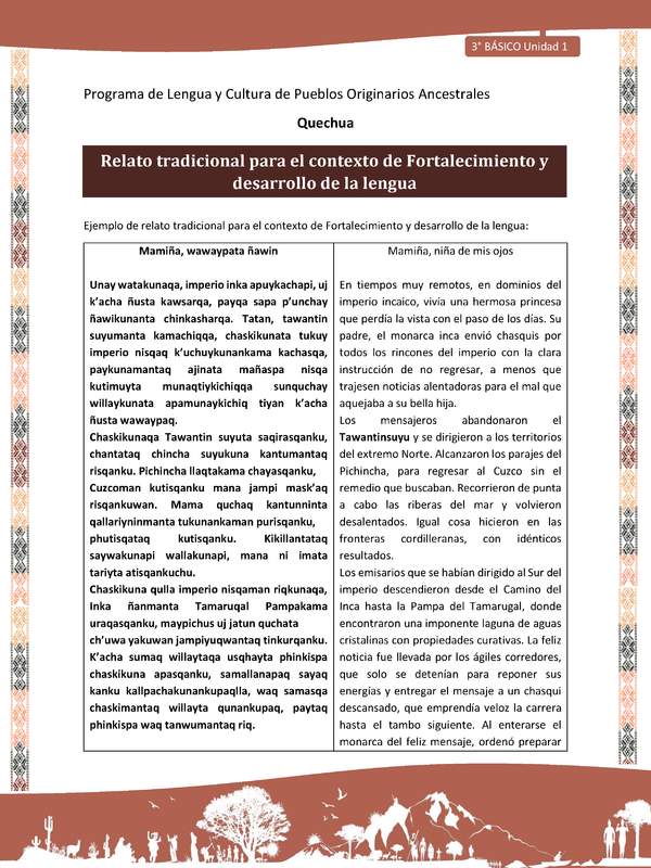 Relato tradicional para el contexto de Fortalecimiento y desarrollo de la lengua