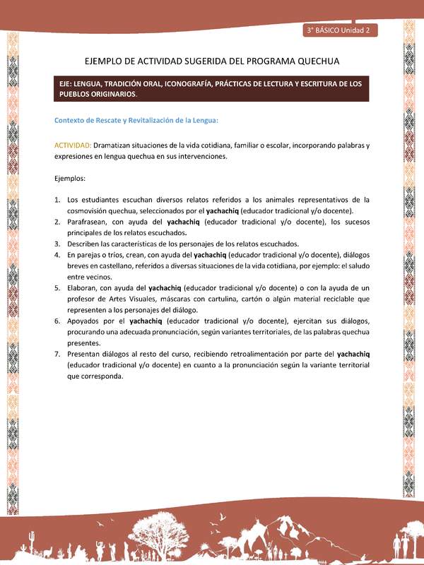 Dramatizan situaciones de la vida cotidiana, familiar o escolar, incorporando palabras y expresiones en lengua quechua en sus intervenciones