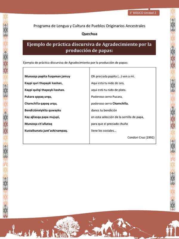 Ejemplo de práctica discursiva de Agradecimiento por la producción de papas