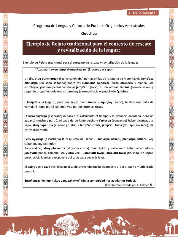 Ejemplo de Relato tradicional para el contexto de rescate y revitalización de la lengua