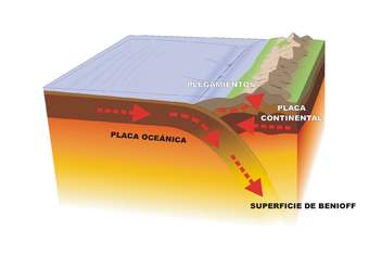 Contacto entre una placa oceánica y continental rotulado