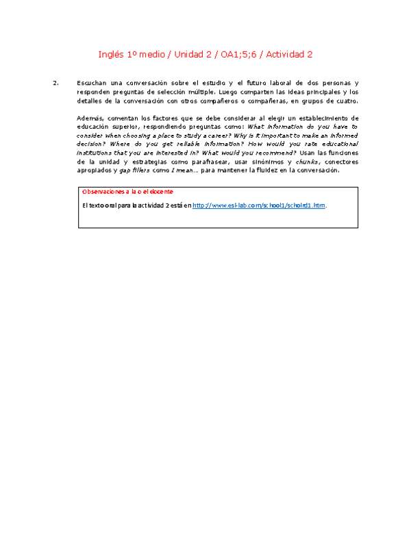 Inglés 1 medio-Unidad 2-OA1;5;6-Actividad 2