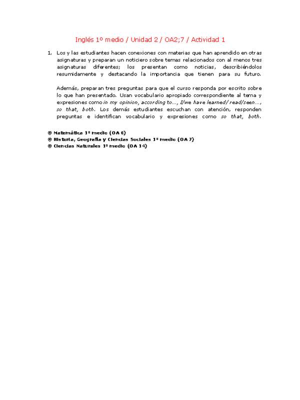 Inglés 1 medio-Unidad 2-OA2;7-Actividad 1