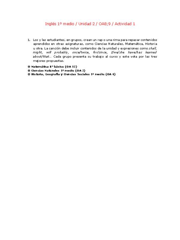 Inglés 1 medio-Unidad 2-OA8;9-Actividad 1