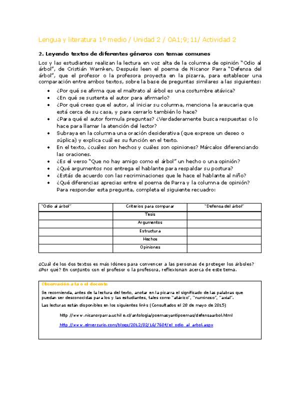 Lengua y Literatura 1 medio-Unidad 2-OA1;9;11-Actividad 2