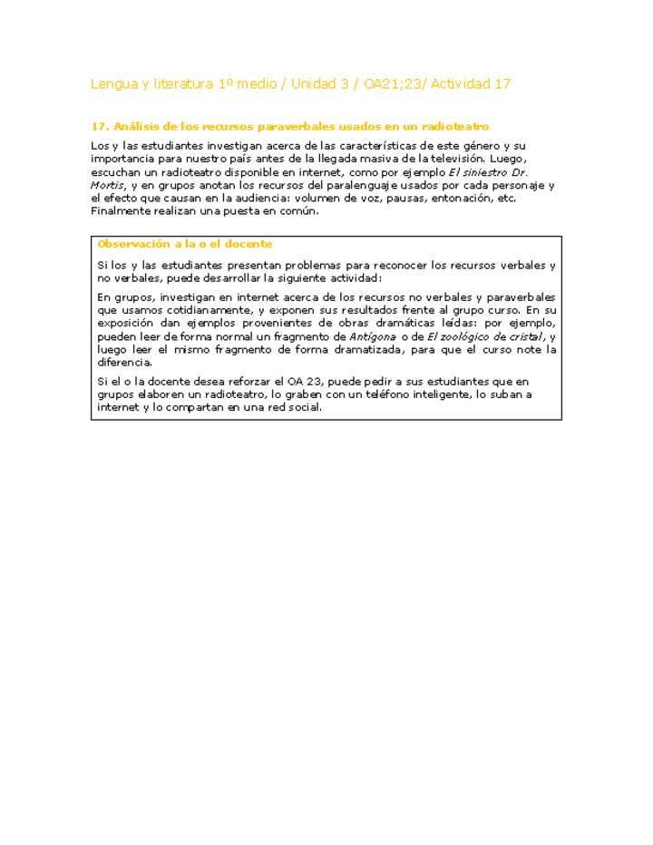 Lengua y Literatura 1 medio-Unidad 3-OA21;23-Actividad 17