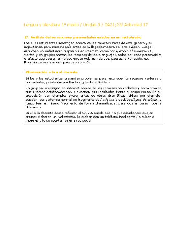 Lengua y Literatura 1 medio-Unidad 3-OA21;23-Actividad 17