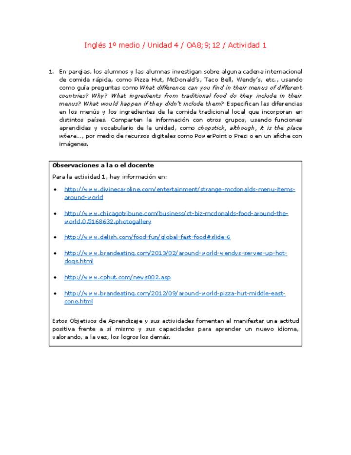 Inglés 1 medio-Unidad 4-OA8;9;12-Actividad 1