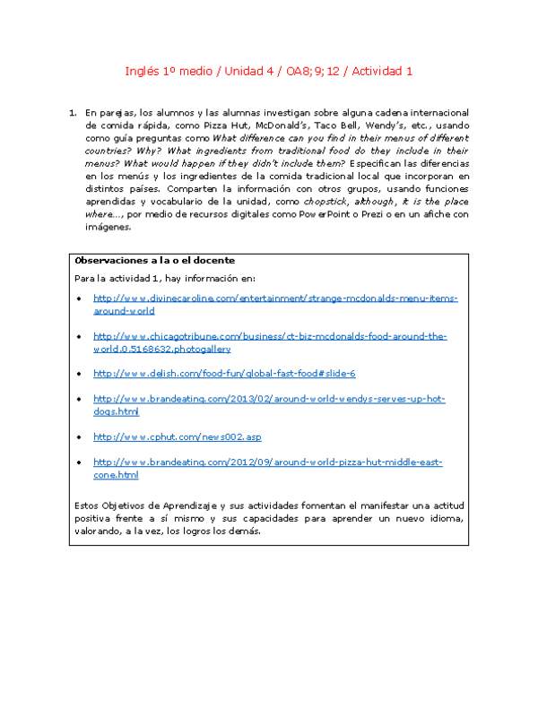 Inglés 1 medio-Unidad 4-OA8;9;12-Actividad 1