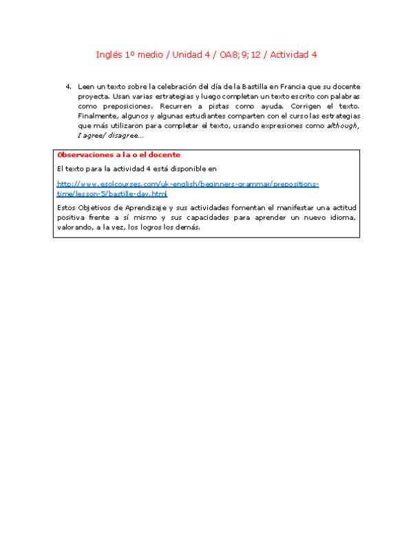 Inglés 1 medio-Unidad 4-OA8;9;12-Actividad 4