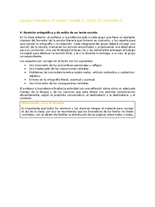 Lengua y Literatura 1 medio-Unidad 4-OA13;15-Actividad 9