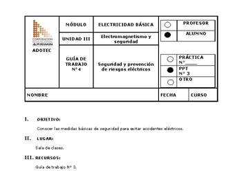 Guía de trabajo del estudiante Electricidad básica, seguridad y prevención de riesgos eléctricos.