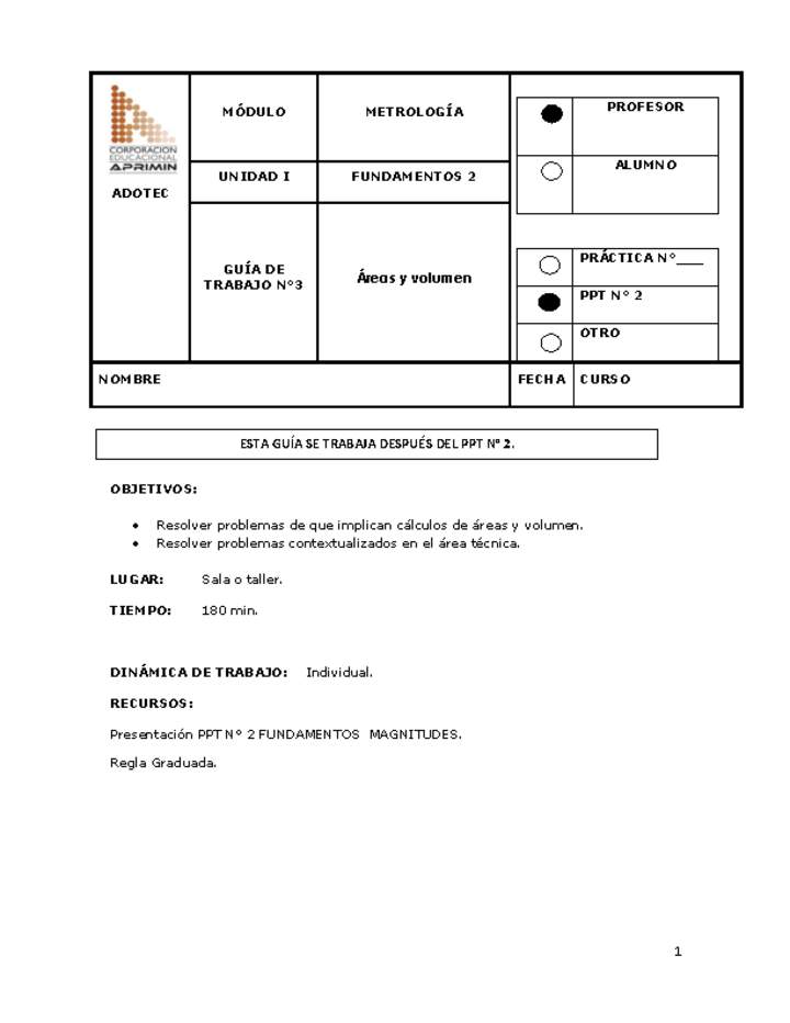 Guía de trabajo del docente Metrología, áreas y volumen