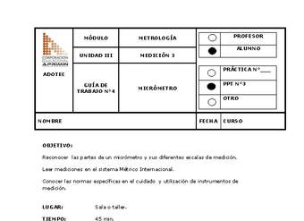 Guía de trabajo del estudiante Metrología, micrómetro