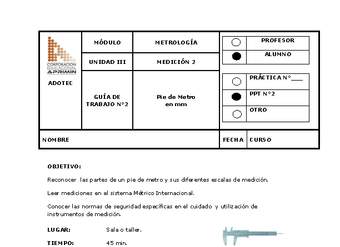 Guía de trabajo del estudiante Metrología, pie de metro en milímetros