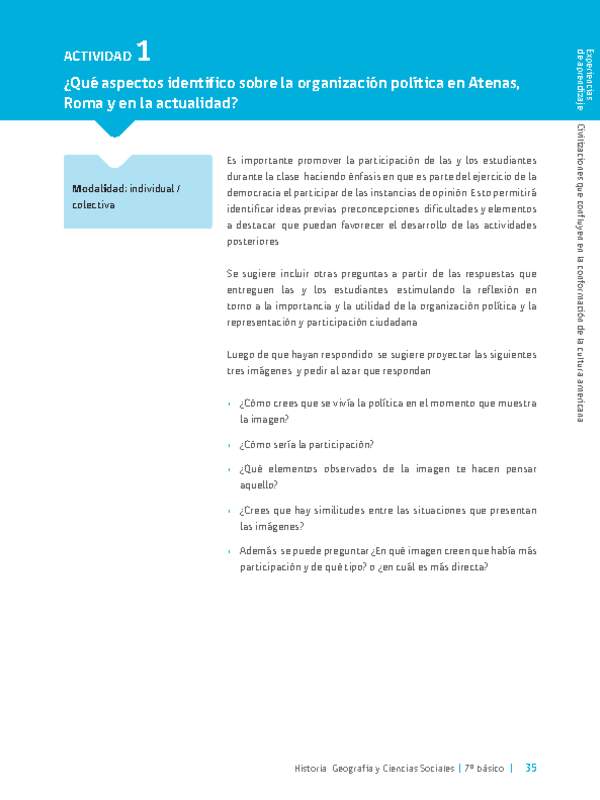 Sugerencia para el profesor: Actividad 1: ¿Qué aspectos identifico sobre la organización política en Atenas, Roma y en la actualidad?