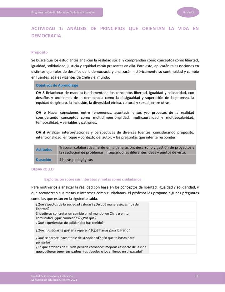 Actividad 1: Análisis de principios que orientan la vida en democracia