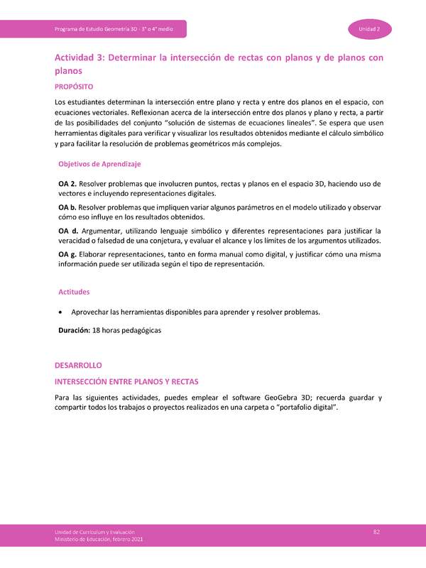 Actividad 3: Determinar la intersección de rectas con planos y de planos con planos