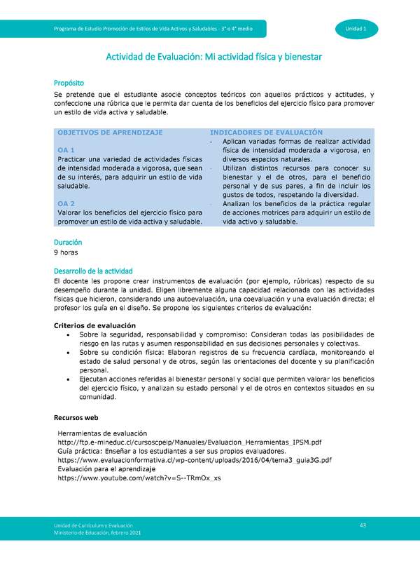 Actividad de evaluación Unidad 1: Mi actividad física y bienestar