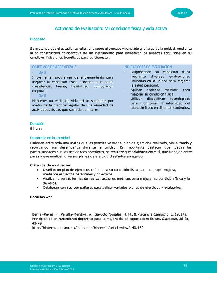 Actividad de evaluación Unidad 2: Mi condición física y vida activa