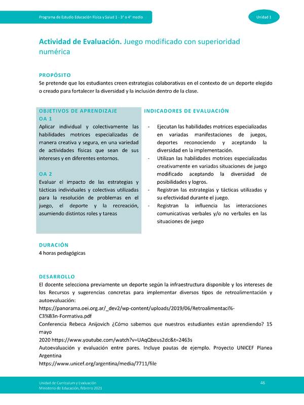 Actividad de evaluación Unidad 1: Juego modificado con superioridad numérica