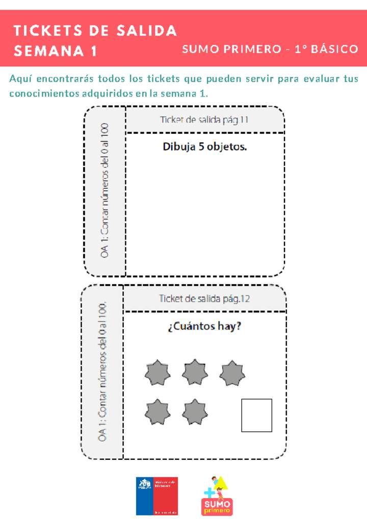 Ticket de salida Matemática 1º básico Unidad 1 Semana 1