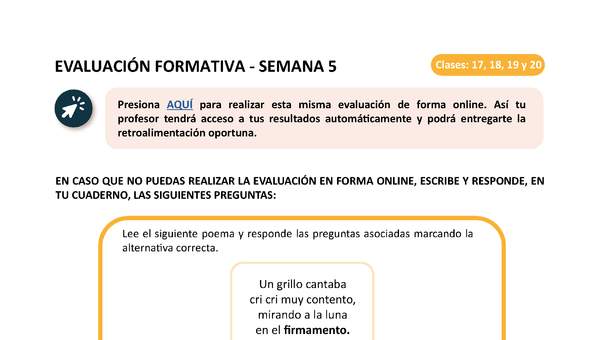 Evaluación 3° básico Lenguaje Unidad 1 Semana 5